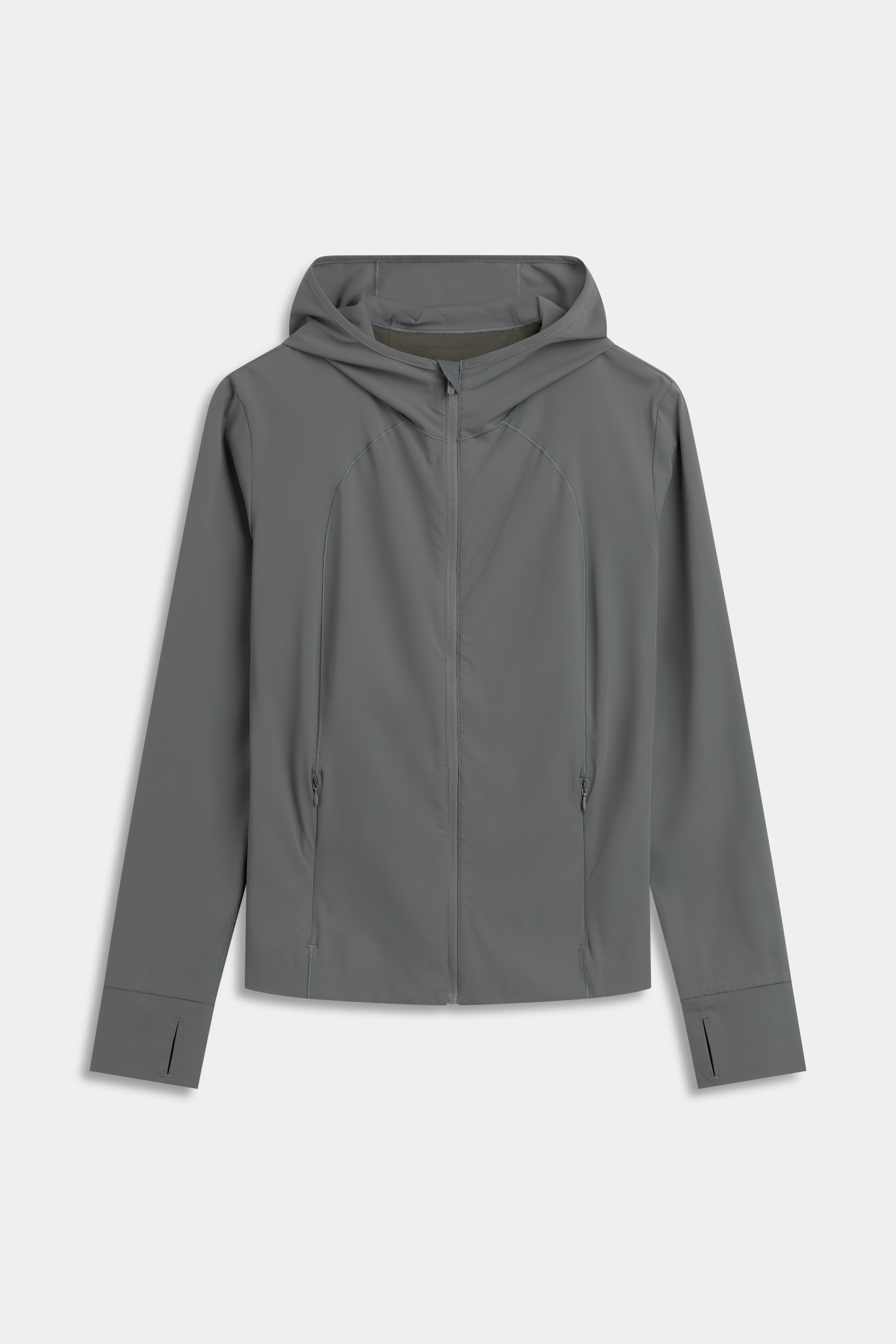 Front view of the khaki CASPARA Windluxe hooded jacket with a full front zip.